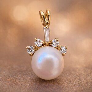 18K Yellow Gold Cultured Pearl Drop Pendant w/ .10ct Diamonds – Hallmarked,18 K